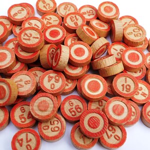 75 bingo numbers, wooden lotto numbers, vintage bingo markers