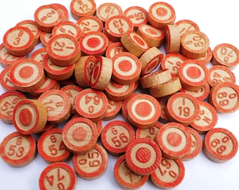 75 bingo numbers, wooden lotto numbers, vintage bingo markers