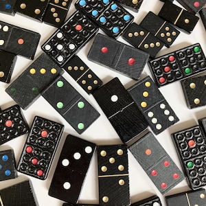50 vintage dominoes, domino game pieces, wooden and plastic dominos, bulk dominoes, game parts, board game pieces