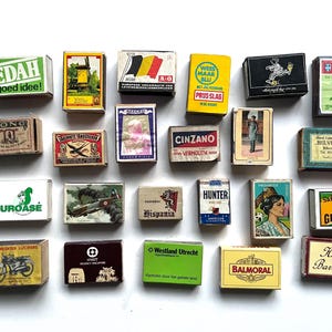 25 empty vintage matchboxes, matchbook labels, match box prints, vintage match boxes without matches