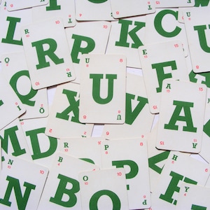 50 Vintage Card Game Letters, game cards, alphabet cards, playing cards, Scrabble card game, probe, script, scrapbooking
