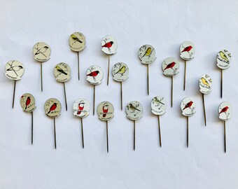 20 vintage bird stick pins, advertising pins from sixties and seventies, Dutch retro pins