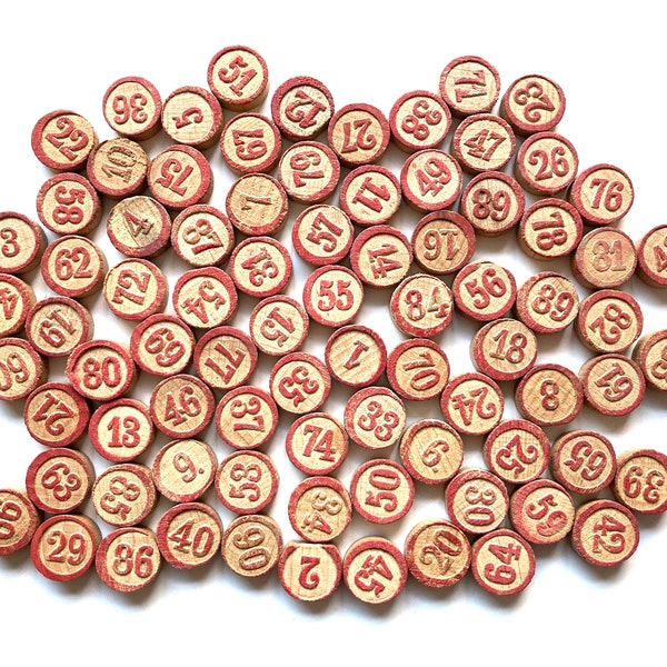 82 vintage bingo lotto numbers, tombola tokens, game pieces, vintage wooden numbers,  lotto tiles, french loto