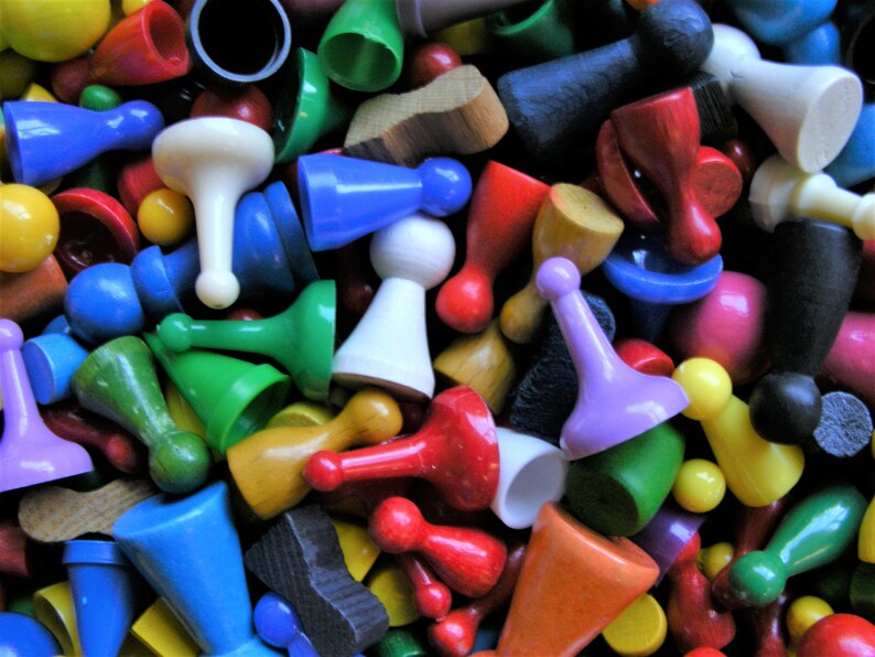 vintage wooden and plastic pawns, board game replament pieces