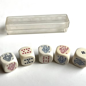 5 large vintage poker dice in box, plastic revanche casino poker game set, liar’s game, bluff