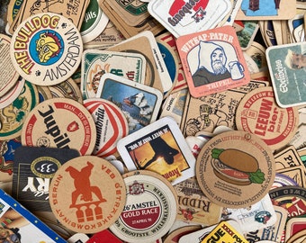 50 vintage beer coasters, bulk beer coasters, mixed European beer coasters, bar tavern coasters, barware, beer gift