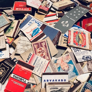 100 vintage used matchbox and matchbook covers, empty match box prints, European labels, ephemera for crafting and crafting