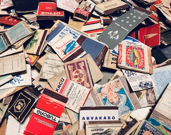 100 vintage used matchbox and matchbook covers, empty match box prints, European labels, ephemera for crafting and crafting