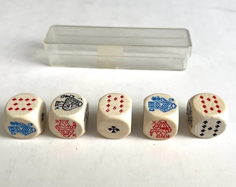 5 Vintage Poker Dice in Box, Plastic Revanche Casino Poker Game
