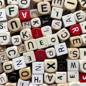 25 vintage letter dice, bulk dice, wooden game pieces, crossword, boggle, scrabble cubes, board game pieces, game supplies