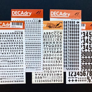 5 black dry transfer letter sheets, Decadry instant lettering, rub on transfer letters, Letraset letters, rub down letters