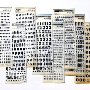 8 rub on letter sheets Mecanorma, used and unused mix, dry transfer lettering, scrapbook decals, rub on letter transfer, Letraset