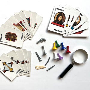 Vintage Clue game pieces, Dutch Cluedo Murder game parts, lot with cards, pawns and magnifying glass