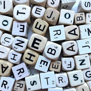 25 letter dice, wooden word game pieces, vintage dice, wooden cubes, game letters, boggle game pieces