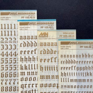 4 vintage Gold dry transfer sheets, rub on lettering, Mecanorma letter decals with Gothic font for crafting, journaling and scrapbooking