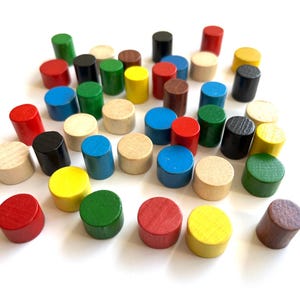 40 vintage wooden game pieces, cylinders and discs, round board game markers