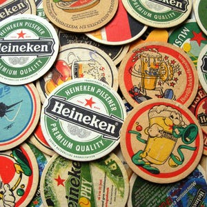 25 vintage Heineken beer coasters, bulk beer coasters, Dutch beer coasters, bar tavern coasters, barware, man cave gift