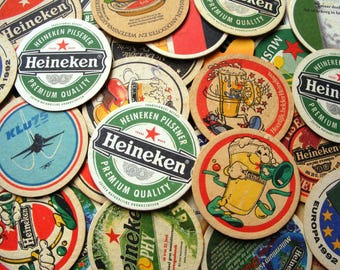 25 vintage Heineken beer coasters, bulk beer coasters, Dutch beer coasters, bar tavern coasters, barware, man cave gift