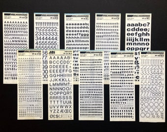 10 black dry transfer sheets Mecarnoma, rub down, Decadry rub on letters, instant lettering, Letraset Alfac transfers, journaling letters