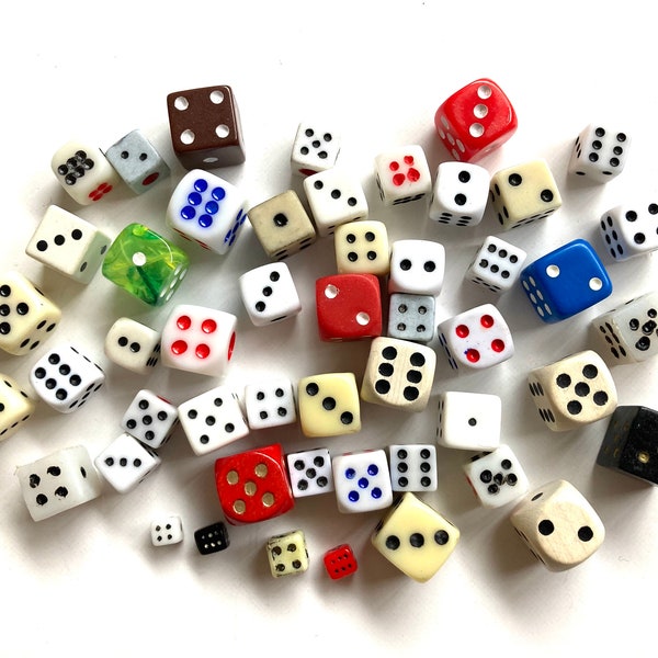 50 small vintage dice, tiny dice wooden and plastic dice, bulk dice, dice set, cubes