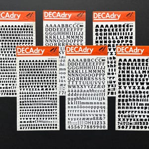 6 black dry transfer sheets Decadry, rub down, rub on letters, instant lettering, Letraset Mecanorma transfers, journaling letters