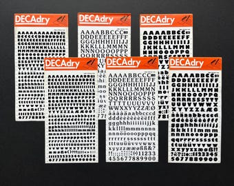 6 black dry transfer sheets Decadry, rub down, rub on letters, instant lettering, Letraset Mecanorma transfers, journaling letters