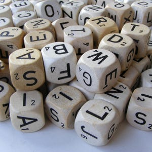 25 vintage letter dice, wooden dice with black letters, boggle replacement game pieces