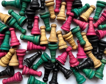 65 vintage pawns, wooden board game pieces, colored game tokens, meeples