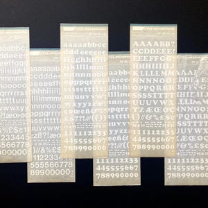 6 white dry transfer letter sheets, Mecanorma instant lettering, rub on transfer letters, Letraset letters, rub down letters