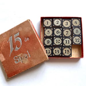 Vintage 1930s Game of Fifteen, antique Dutch 15 sliding puzzle with wooden number tiles