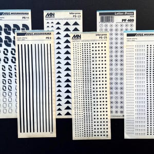 6 dry transfer symbol sheets, Mecanorma instant lettering, rub ons, letraset, shapes, patterns, adhesive architecture icons