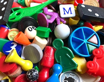 100 vintage game pieces, wooden and plastic game tiles mix including dice, pawns and maples, bulk board game replacement parts