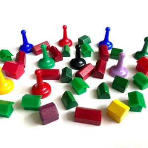 35 wooden Monopoly pieces, vintage replacement game pieces, hotels and houses, game tokens, Monopoly replacement game pieces