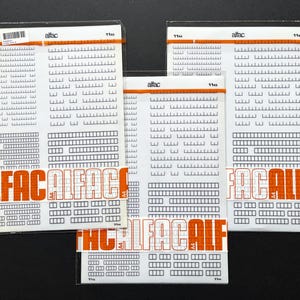 3 vintage decal sheets with letter boxes, dry transfer sheets with character boxes, Alfac Letraset symbol rub on lettering