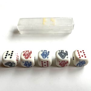 5 vintage poker dice in box, plastic revanche casino poker game set, liar’s game, bluff