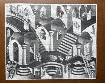 Vintage Incomplete Escher Puzzle, Concave and Convex, Black and