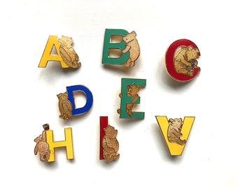Vintage Pooh Bear pin, enamel Pooh letter brooch, Disney pin badge, Winnie the Pooh gift