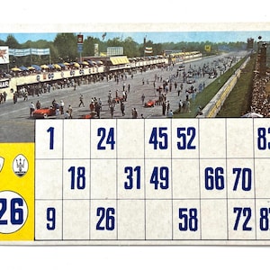 48 vintage lotto tombola cards with formula 1 racing theme, 1970s bingo game cards for numbers 1-90