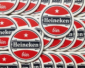 25 vintage Heineken beer coasters with old 1980s logo, Dutch bar ware, Heineken gift
