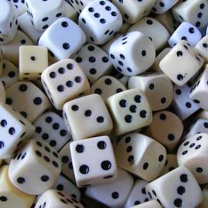 50 white dice, bulk dice, plastic dice mix, vintage game pieces, replacement dice