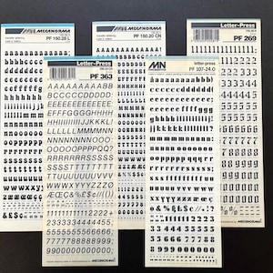5 rub on letter sheets, small letters, dry transfer lettering, Mecanorma decal sheets, rub on letter transfer, Letraset scrapbook