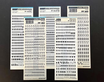 5 rub on letter sheets, small letters, dry transfer lettering, Mecanorma decal sheets, rub on letter transfer, Letraset scrapbook