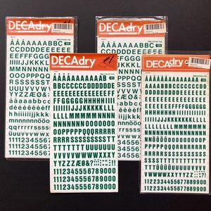4 green dry transfer sheets from Decadry, rub down, green rub on letters, instant lettering, Letraset transfers