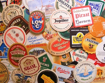 40 vintage beer coasters, bulk beer coasters, mixed European and worldwide beer coasters, bar coasters, tavern coasters, barware, beer gift