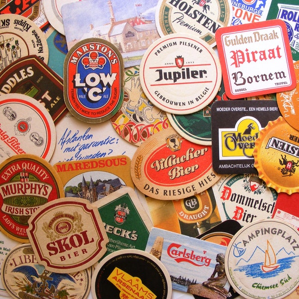 40 vintage beer coasters, bulk beer coasters, mixed European beer coasters, bar coasters, tavern coasters, barware, beer gift