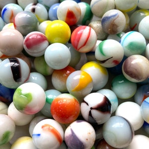 50 vintage Milk Glass Marbles, white target marbles with colored swirls