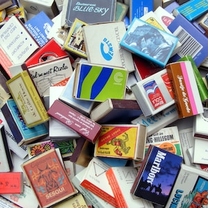 25 vintage matchboxes, vintage matches, matches in box, matchbooks, small gift boxes, tiny wooden boxes, match boxes, match books, labels
