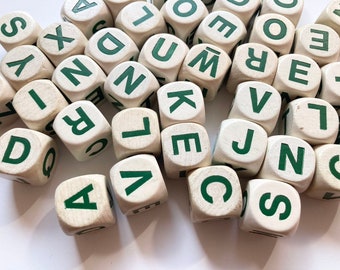 15 vintage boggle dice, letter dice, dice with green letters, game pieces, boggle replacement dice