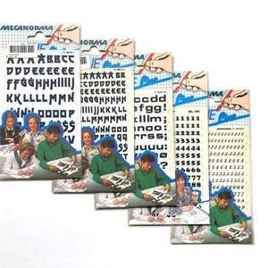 5 rub on letter sheets, dry transfer lettering, Mecanorma decal sheets, rub on letter transfers Letraset