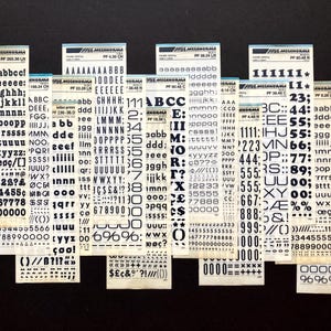 15 dry transfer sheets, vintage Mecanorma rub on letters, alfac letraset decadry dry transfer decals, font type sheets